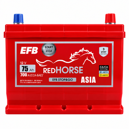 Акумулятор 6cт-75 А/г 700 Ампер R+ (0) Red Horse EFB Start&Stop Jis Азія